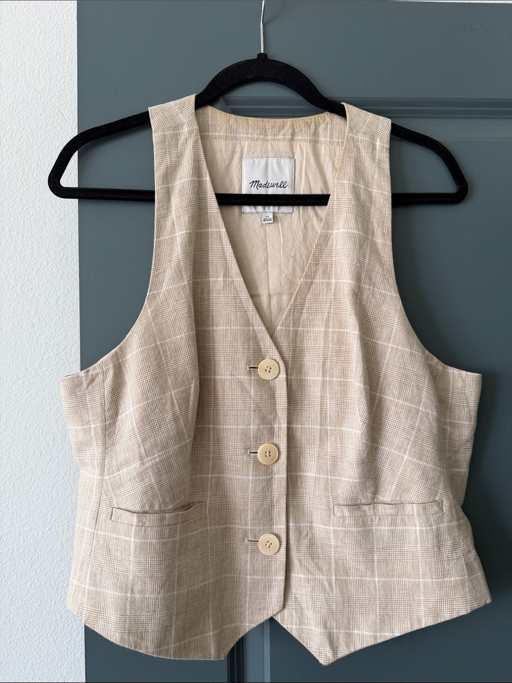 Madewell Beige Plaid Linen-Blend Tailored Vest